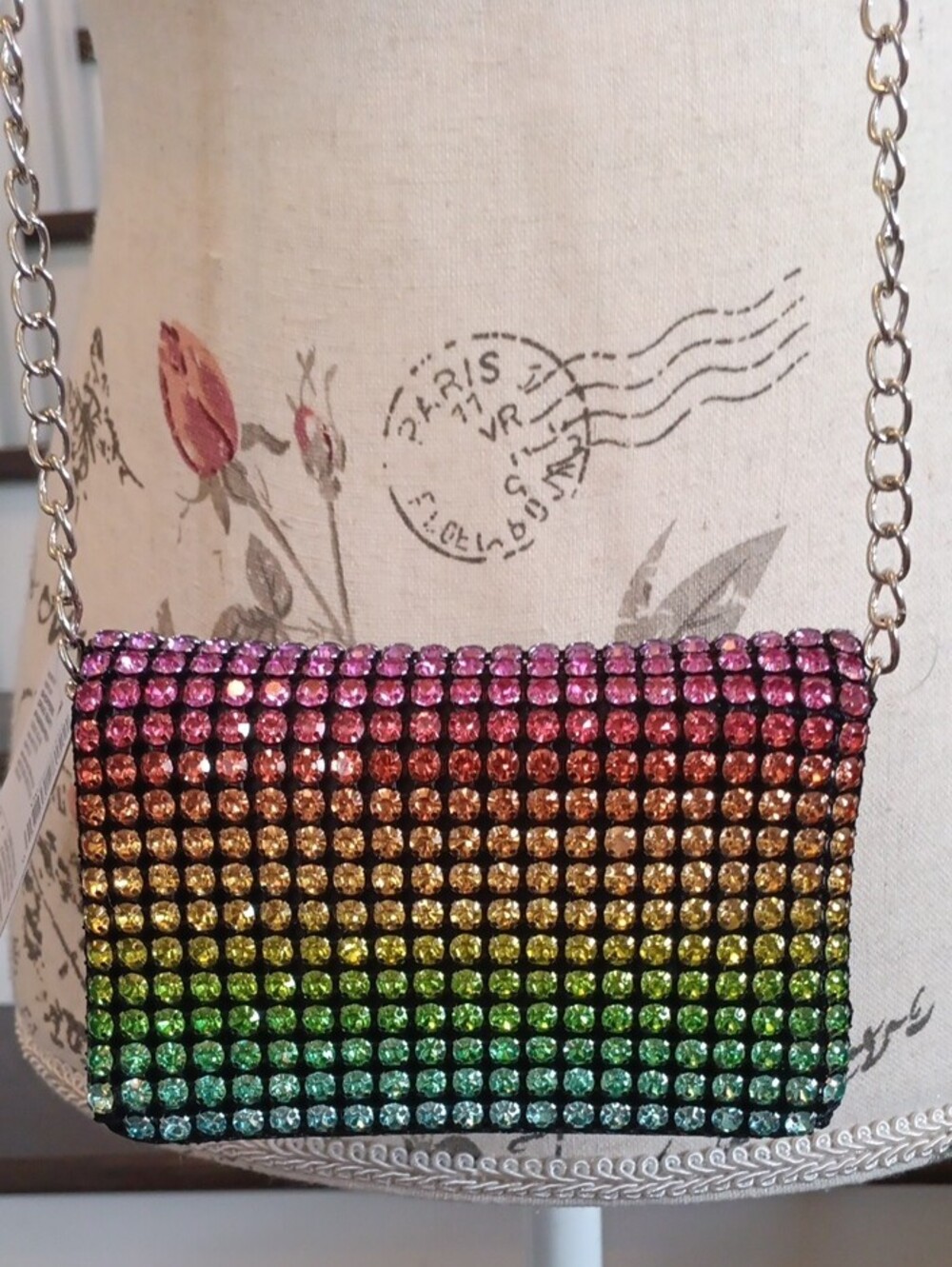 " Quo Beauty Rainbow Crystal Crossbody Mini Bag with Silver Chain